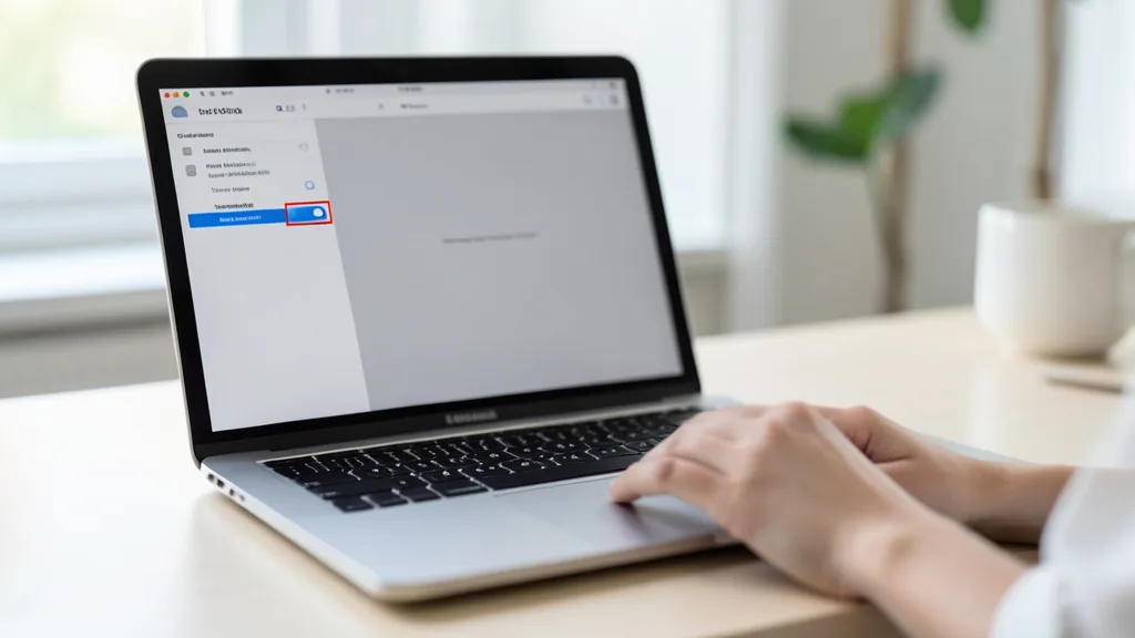 Imagem gerada por IA: Mac aberto em uma tela de configurações de privacidade, com uma mão próxima ao trackpad.
