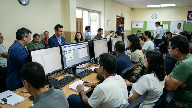 Imagem gerada por IA: Equipe acompanha a apuração eleitoral em computadores dentro de um local de trabalho.