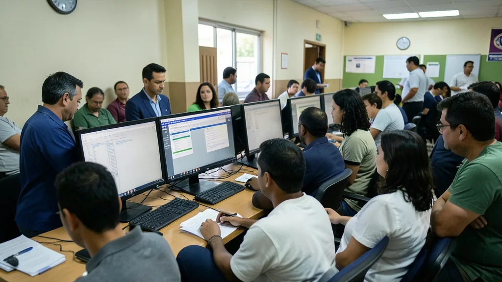 Imagem gerada por IA: Equipe acompanha a apuração eleitoral em computadores dentro de um local de trabalho.