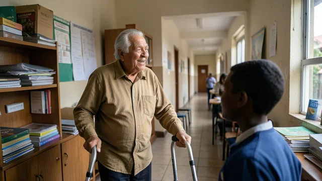 Imagem gerada por IA: Educadora idosa conversa com um estudante em uma sala de escola, apoiada em um andador.