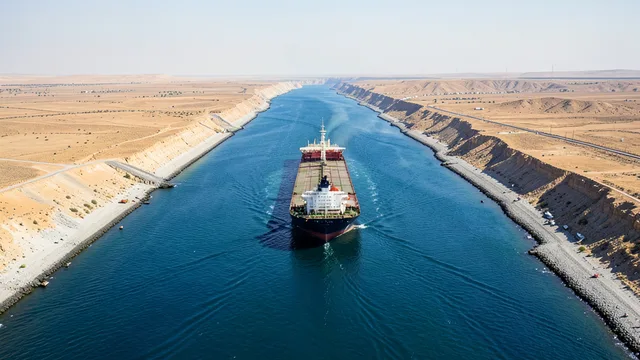 Imagem gerada por IA: Petroleiro atravessa o estreito de Hormuz entre costas áridas.