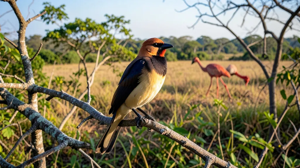 Imagem gerada por IA: Araponga em um galho na Mata Atlântica e seriema em uma área aberta ao fundo.