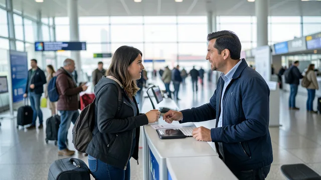 Imagem gerada por IA: Viajante com mala conversa com agente de controle migratório em um aeroporto.