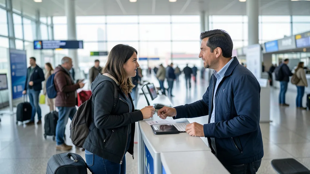 Imagem gerada por IA: Viajante com mala conversa com agente de controle migratório em um aeroporto.