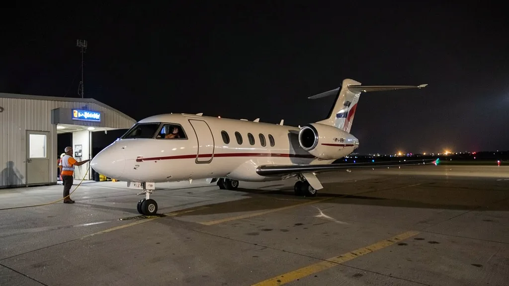 Imagem gerada por IA: Avião particular parado à noite em uma pista de aeroporto, com luzes ao fundo.