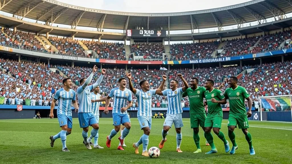 Imagem gerada por IA: Jogadores da Argentina comemoram um gol contra Burkina Faso no Monumental de Núñez.
