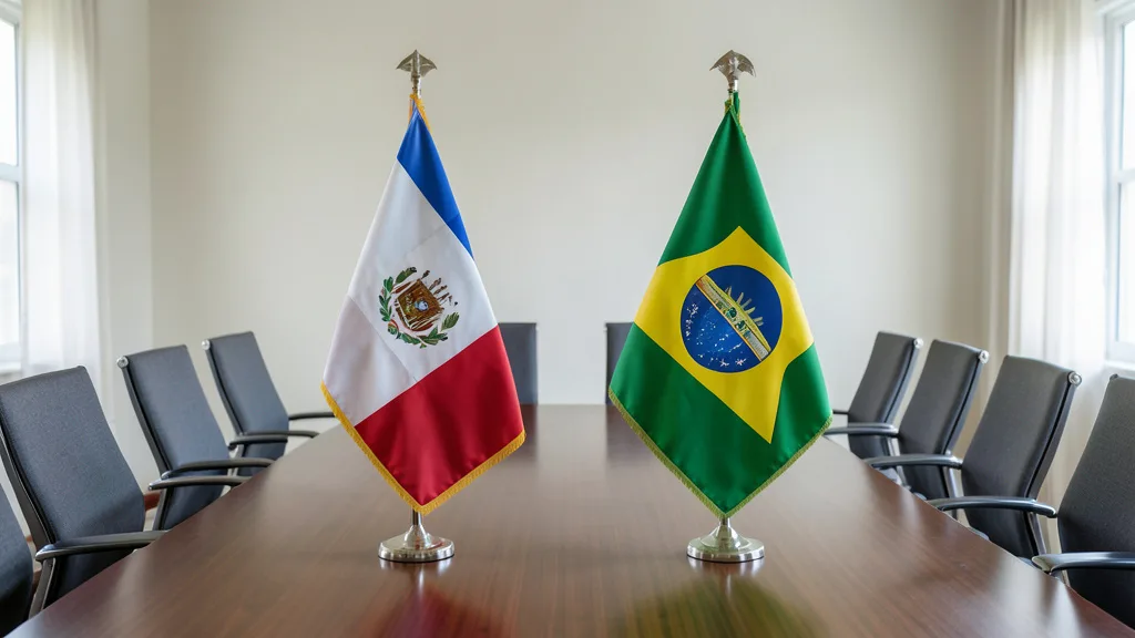 Imagem gerada por IA: Bandeiras do Brasil e da Argentina em uma sala de reunião diplomática.