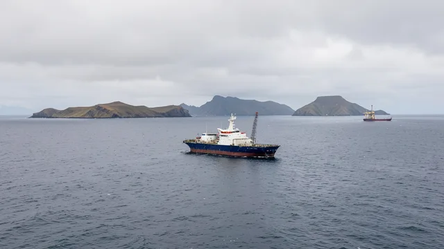 Imagem gerada por IA: Navio de exploração de petróleo no Atlântico Sul, próximo às Ilhas Malvinas.