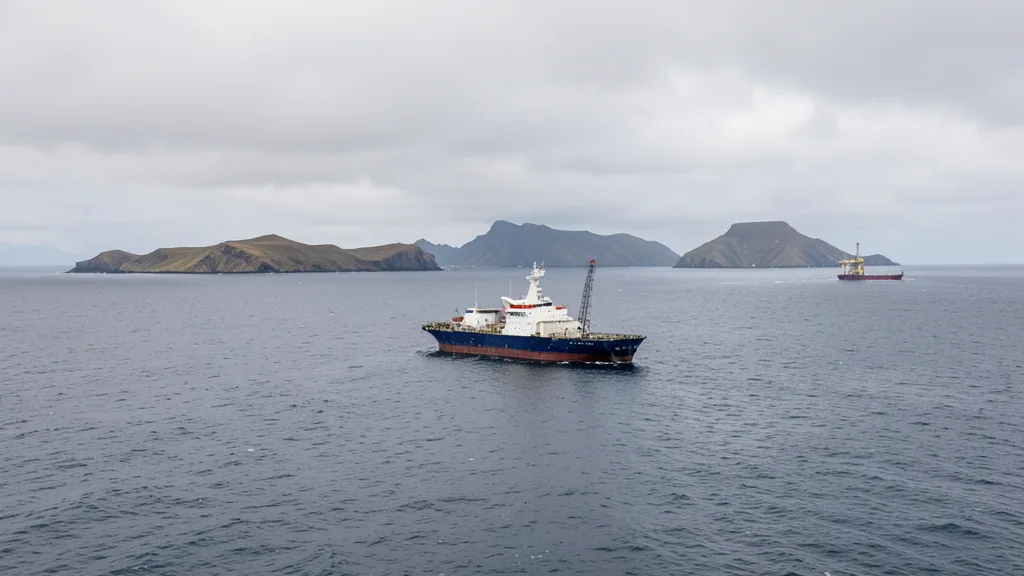 Imagem gerada por IA: Navio de exploração de petróleo no Atlântico Sul, próximo às Ilhas Malvinas.
