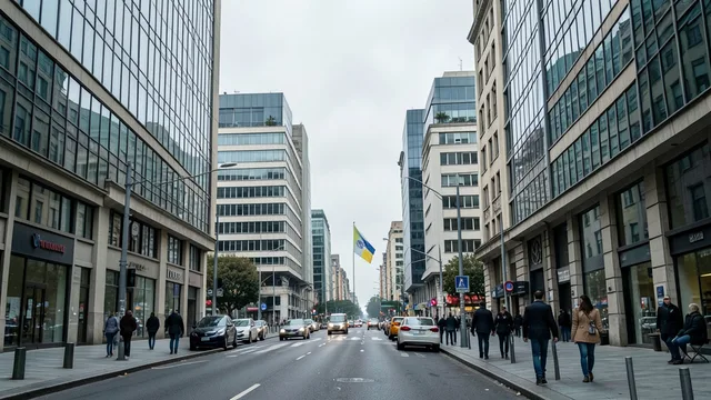 Imagem gerada por IA: Rua do centro financeiro de Buenos Aires em um dia nublado, com a bandeira argentina ao fundo.