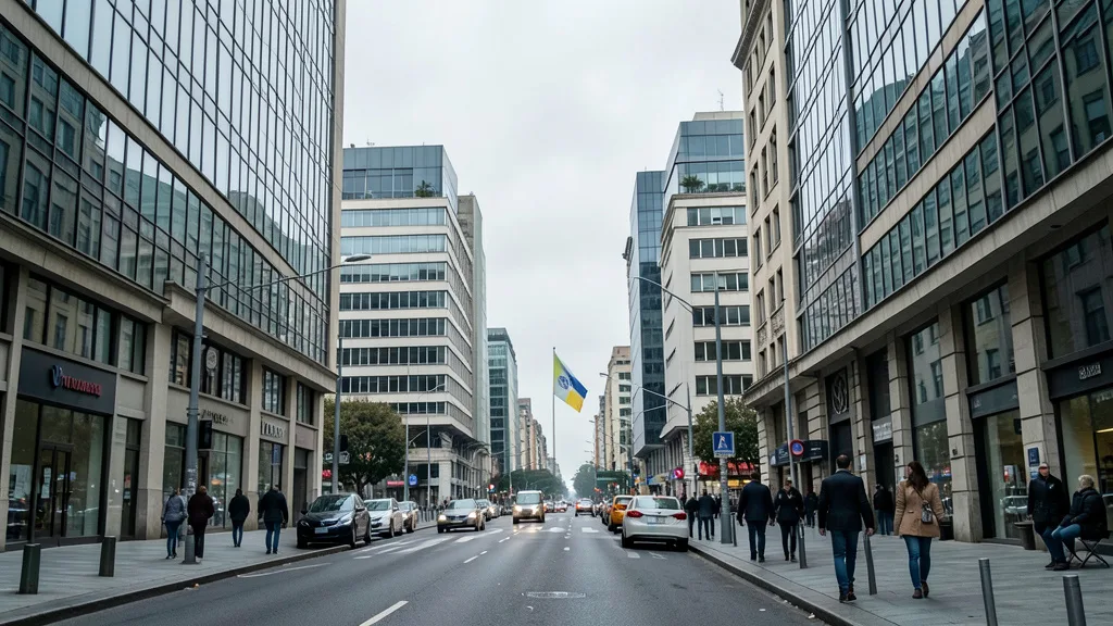 Imagem gerada por IA: Rua do centro financeiro de Buenos Aires em um dia nublado, com a bandeira argentina ao fundo.