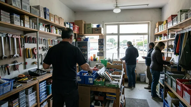 Imagem gerada por IA: Interior de uma loja de ferragens com prateleiras de produtos e clientes fazendo compras.