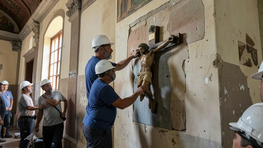 Imagem gerada por IA: Técnicos inspecionam a fixação de um crucifixo em uma igreja.