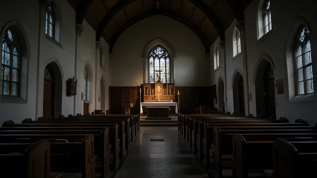 Imagem gerada por IA: Interior de uma igreja católica em Nova York, com bancos vazios e o altar ao fundo.
