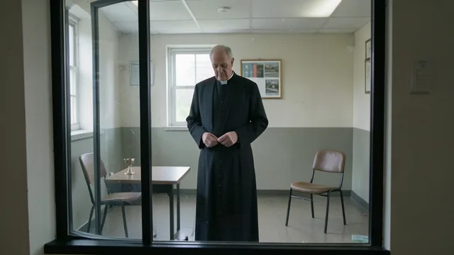 Imagem gerada por IA: Padre em uma capela de centro de detenção, diante de uma divisória de vidro.