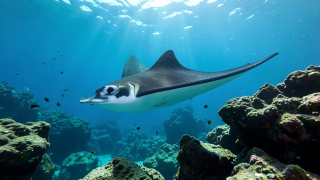 Imagem gerada por IA: Arraia-manta jovem nada sobre um recife costeiro, acompanhada por pequenos peixes.