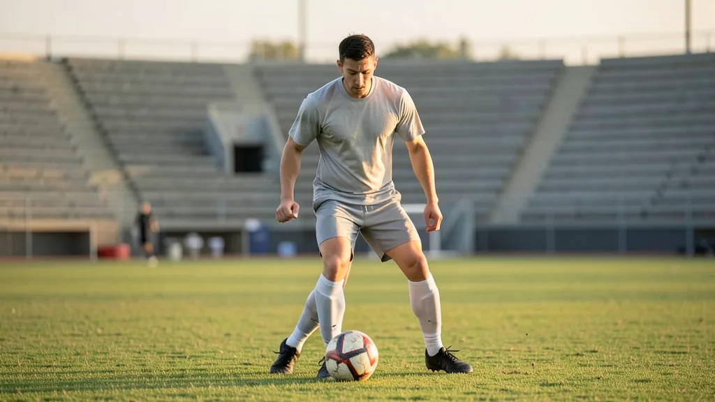 Imagem gerada por IA: Jogador treina com bola em um campo de futebol vazio.