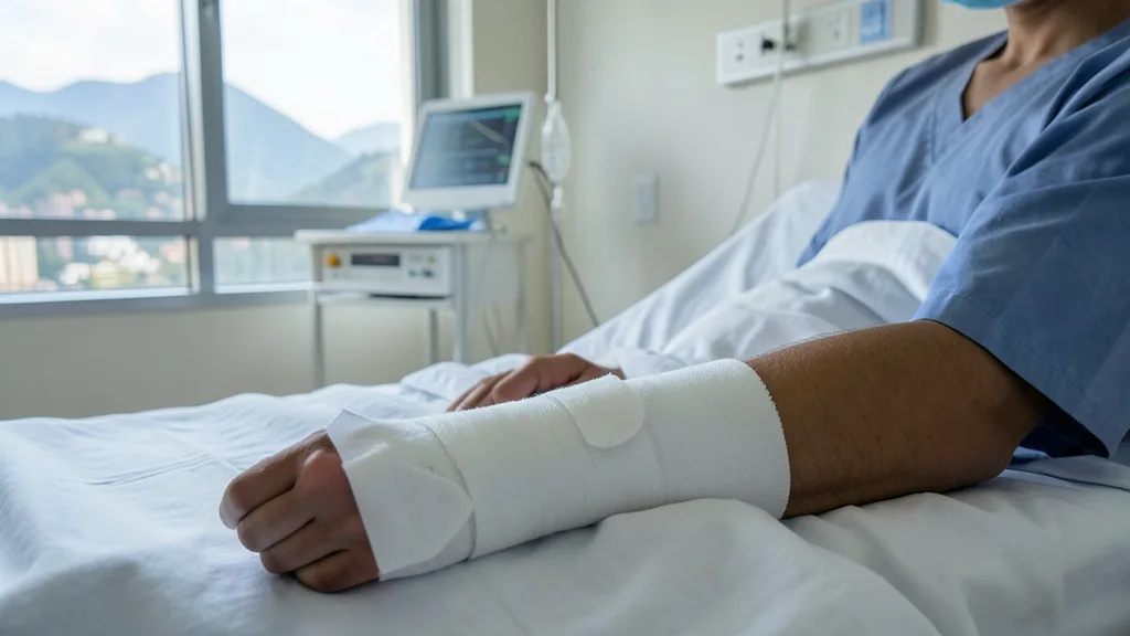Punho esquerdo de um jogador protegido por uma tala em um quarto hospitalar.