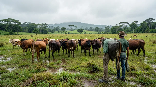 Imagem gerada por IA: Rebanho de gado em pastagem verde durante o período chuvoso