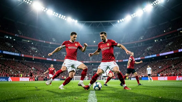 Imagem gerada por IA: Jogadores de vermelho e branco disputam a bola em um estádio lotado durante uma partida de futebol.