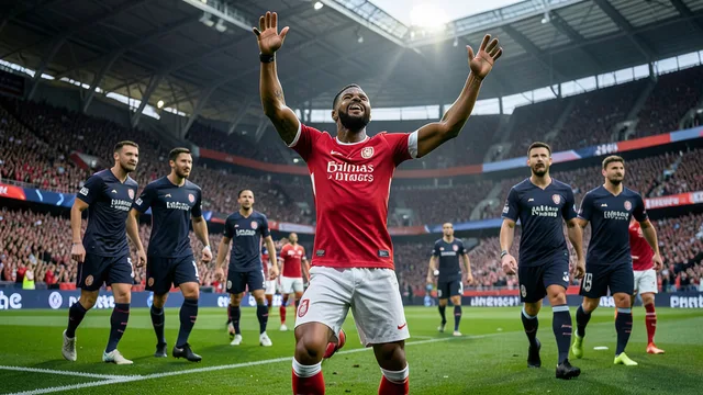 Imagem gerada por IA: Jogador do Arsenal comemora o gol da vitória contra o Leeds no Emirates Stadium.