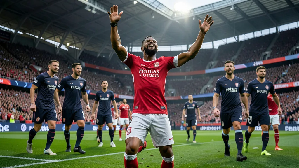Imagem gerada por IA: Jogador do Arsenal comemora o gol da vitória contra o Leeds no Emirates Stadium.