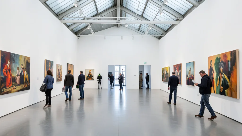 Imagem gerada por IA: Visitantes circulam por uma galeria de arte contemporânea em Paris.