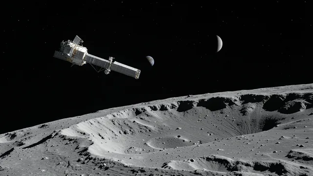 Imagem gerada por IA: Cápsula Orion sobre a superfície craterada do lado oculto da Lua, com a Terra ao fundo.