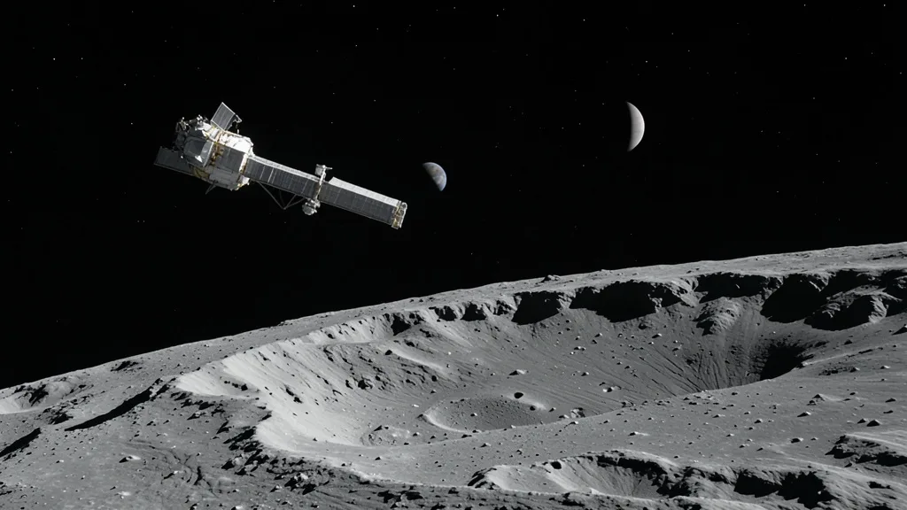 Imagem gerada por IA: Cápsula Orion sobre a superfície craterada do lado oculto da Lua, com a Terra ao fundo.