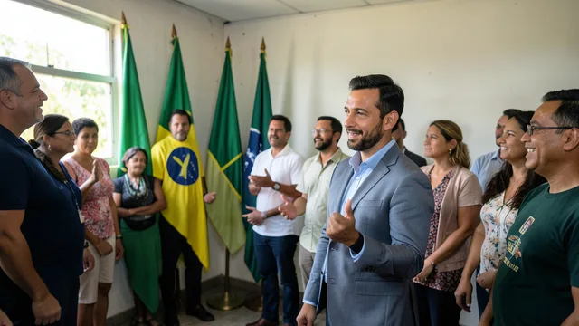 Imagem gerada por IA: Candidato e apoiadores acompanham a apuração eleitoral em um ambiente de campanha.