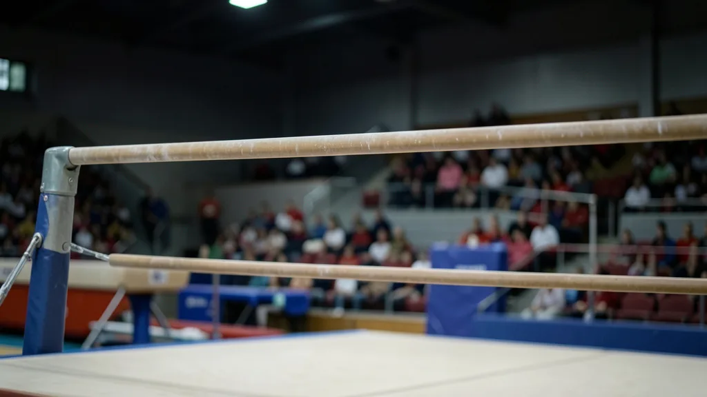 Imagem gerada por IA: Barra fixa em um ginásio de competição de ginástica artística.
