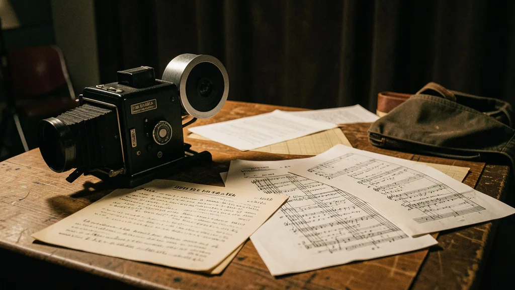Imagem gerada por IA: Câmera de cinema antiga ao lado de roteiros e partituras em um cenário de filmagem.