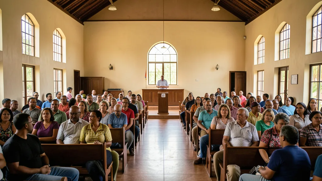 Imagem gerada por IA: Fiéis acompanham uma celebração em uma igreja evangélica.