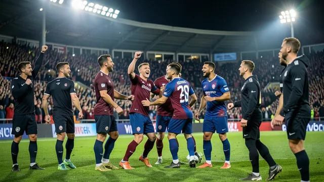 Imagem gerada por IA: Jogadores do Aston Villa comemoram um gol em campo, diante da torcida no Villa Park.