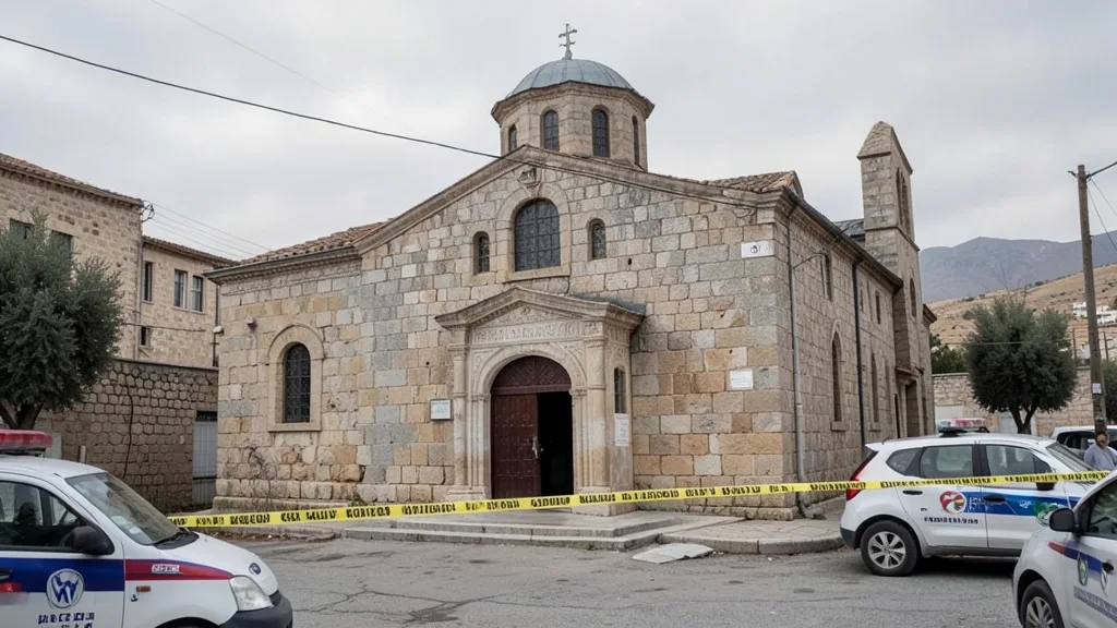 Imagem gerada por IA: Fita policial e veículos de emergência diante de uma igreja em Karak, na Jordânia.