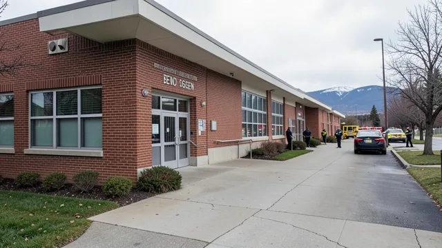 Imagem gerada por IA: Entrada de uma escola primária em Bend, no Oregon, isolada após um ataque a tiros.