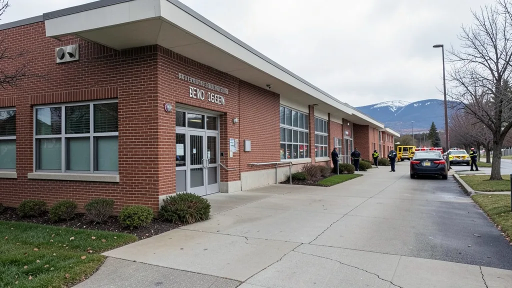 Imagem gerada por IA: Entrada de uma escola primária em Bend, no Oregon, isolada após um ataque a tiros.