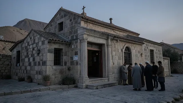 Imagem gerada por IA: Pessoas reunidas em silêncio diante de uma igreja ortodoxa na Jordânia.