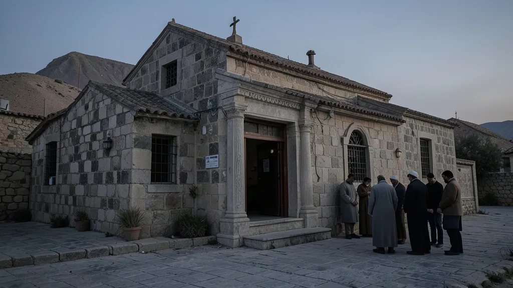 Imagem gerada por IA: Pessoas reunidas em silêncio diante de uma igreja ortodoxa na Jordânia.