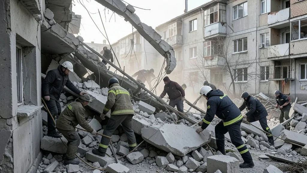 Imagem gerada por IA: Equipes de resgate procuram sobreviventes nos escombros de um prédio residencial danificado em Zaporizhzhia.