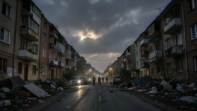 Imagem gerada por IA: Rua urbana danificada após um ataque noturno, com equipes de emergência ao fundo.