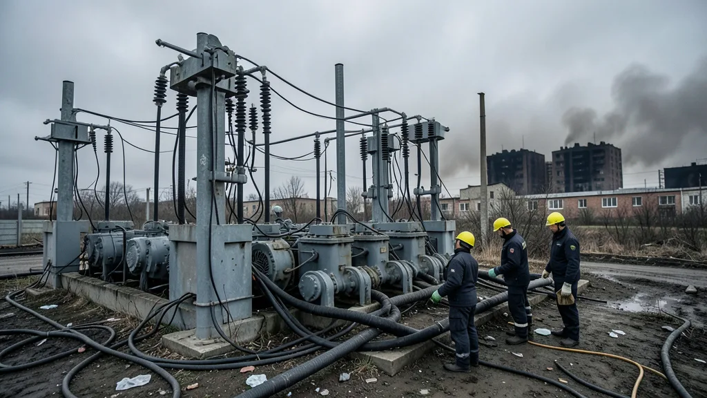 Imagem gerada por IA: Técnicos inspecionam uma subestação elétrica danificada após ataques na Ucrânia.