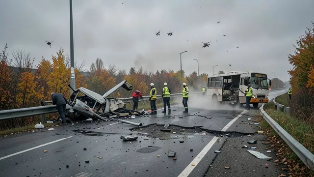 Imagem gerada por IA: Equipes de emergência inspecionam uma rodovia danificada após ataques na Ucrânia.