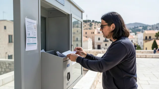 Imagem gerada por IA: Eleitor brasileiro deposita cédula em urna em seção eleitoral em Atenas.