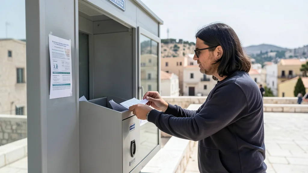 Imagem gerada por IA: Eleitor brasileiro deposita cédula em urna em seção eleitoral em Atenas.