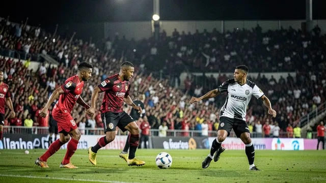 Imagem gerada por IA: Jogadores disputam a bola em uma partida de futebol sob as luzes do estádio.