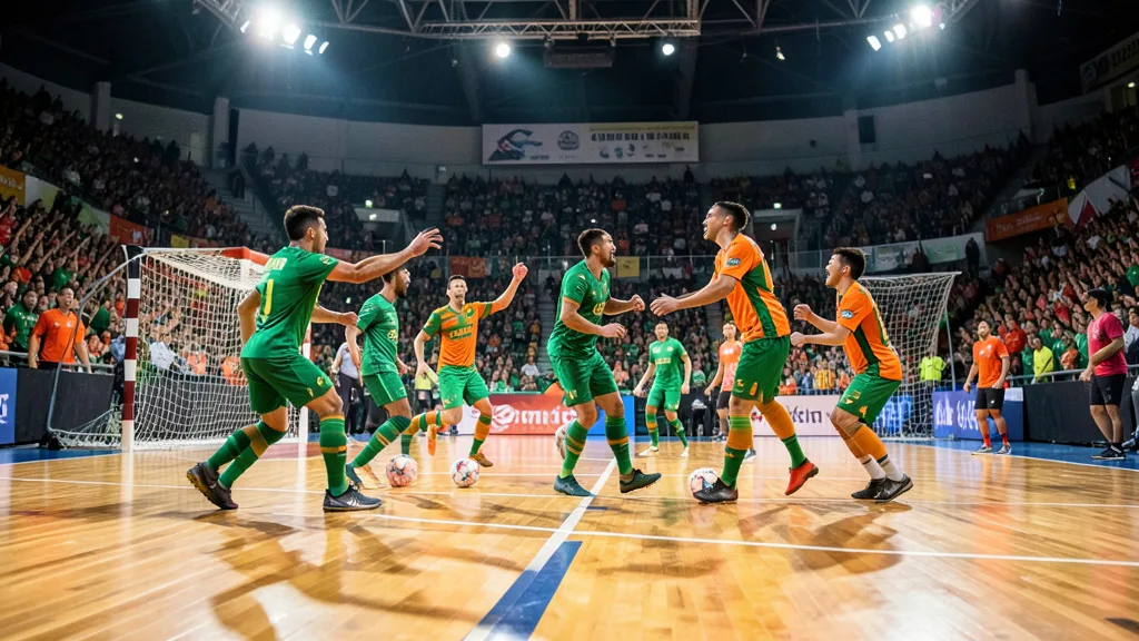 Imagem gerada por IA: Jogadores disputam uma partida de futsal em uma quadra coberta.