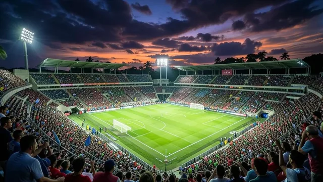 Imagem gerada por IA: Estádio iluminado em Barranquilla durante uma partida de futebol, visto das arquibancadas.