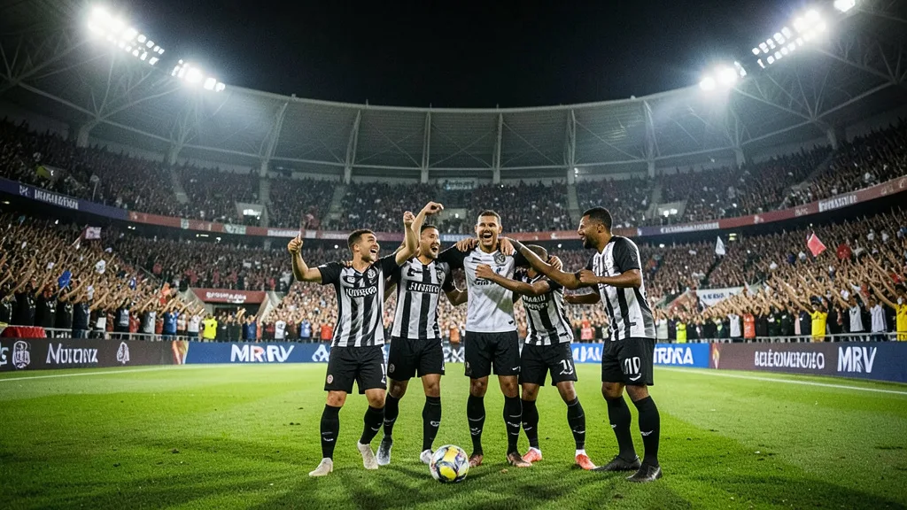 Imagem gerada por IA: Jogadores do Atlético-MG comemoram um gol na Arena MRV, com a torcida ao fundo.