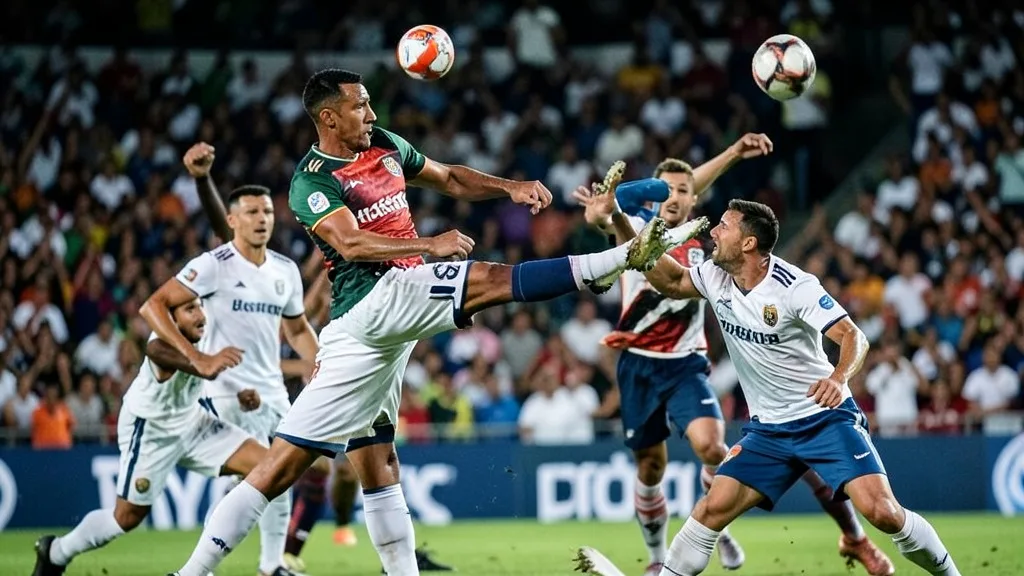 Imagem gerada por IA: Jogador do Atlético-MG acerta um voleio durante partida contra o Santos no Mineirão.